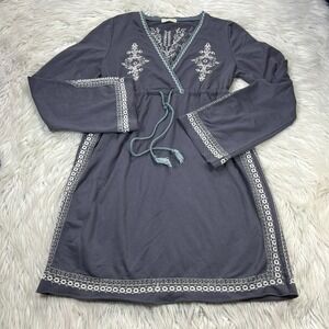Moon Collection Women's S Gray Embroidered Fit Flare Dress Boho Bell Sleeves
